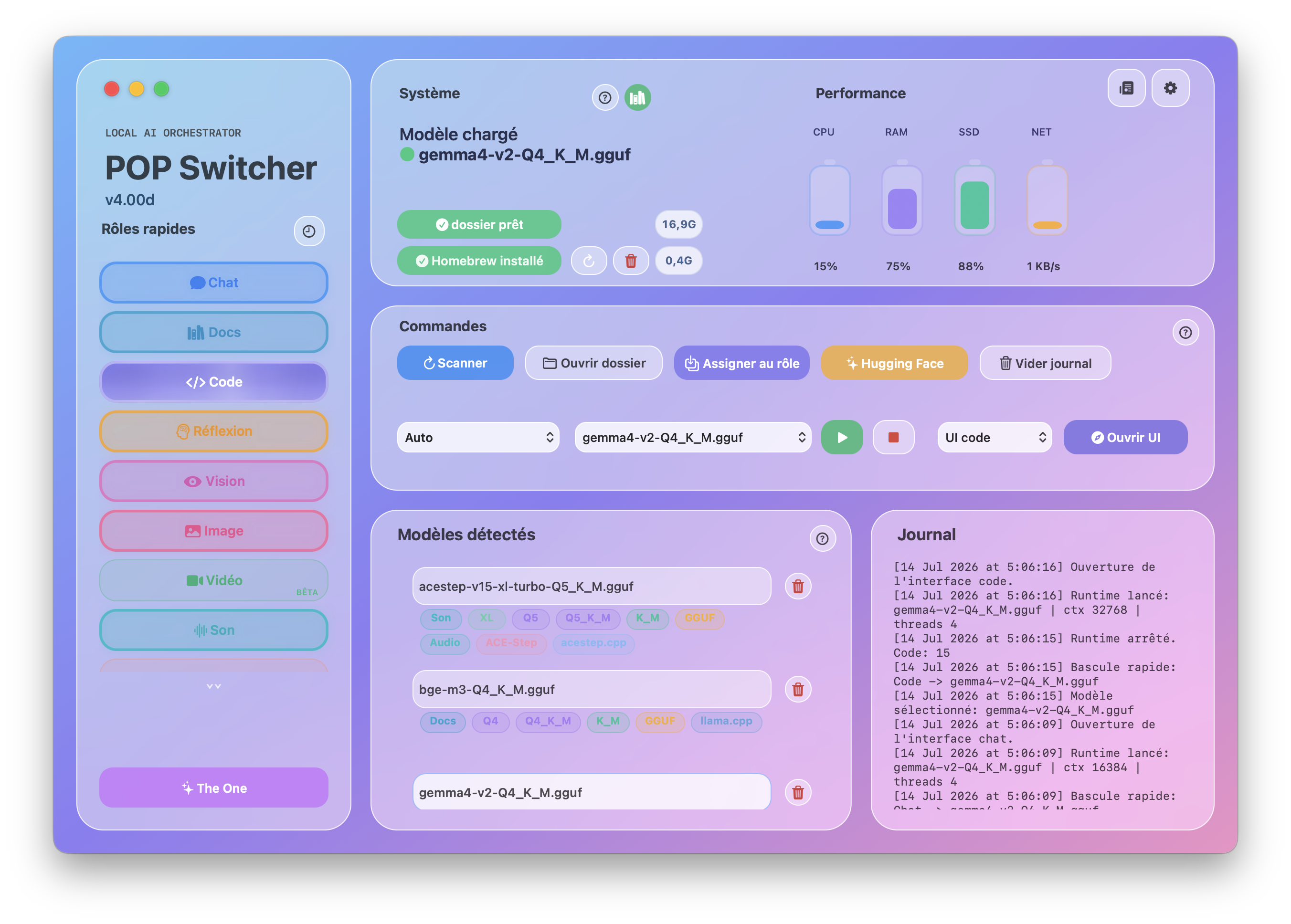 Interface principale de POP Switcher avec ses rôles IA, les modèles détectés et les contrôles système