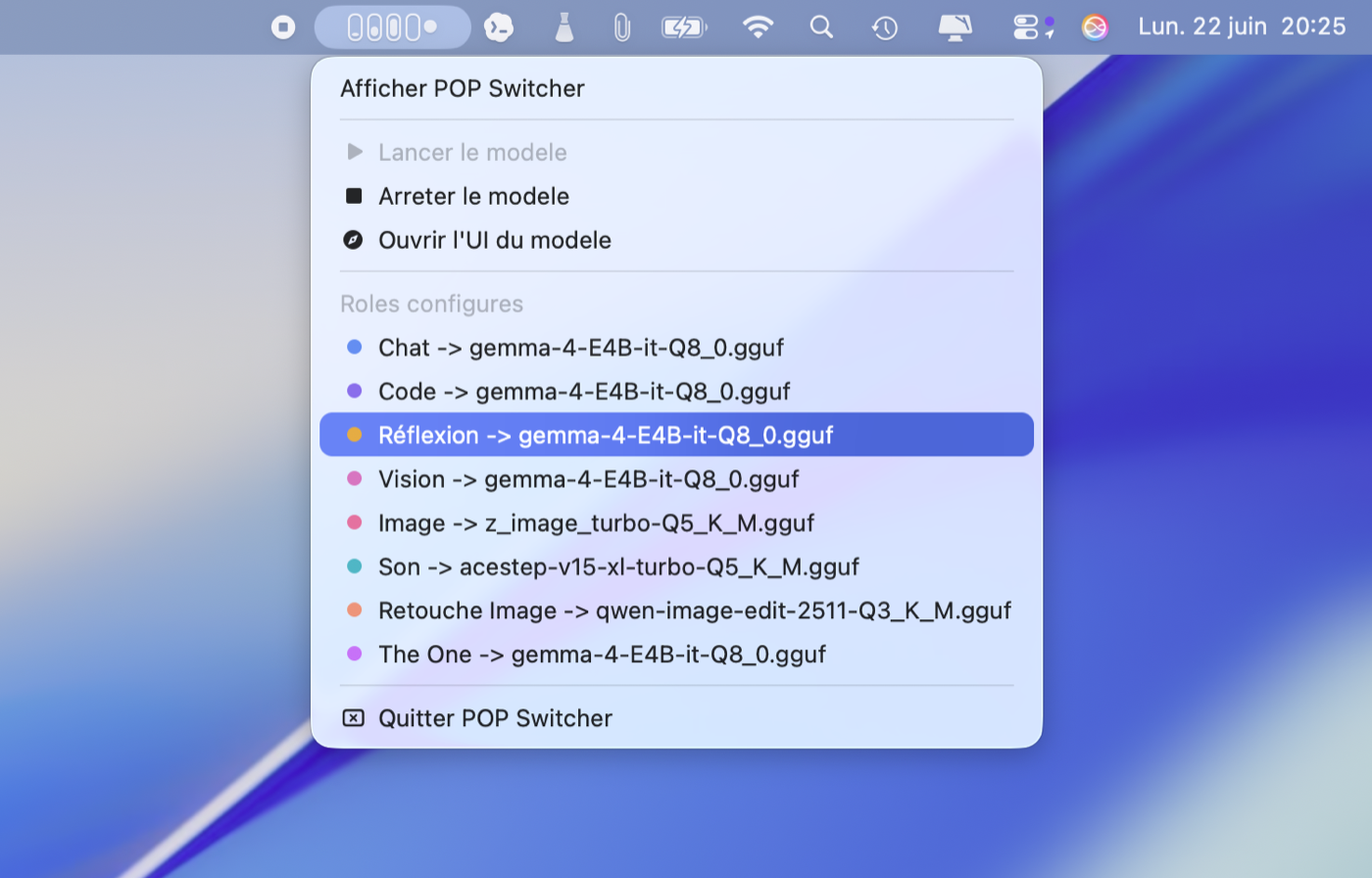 Menu de raccourcis POP Switcher affichant les modèles et rôles disponibles