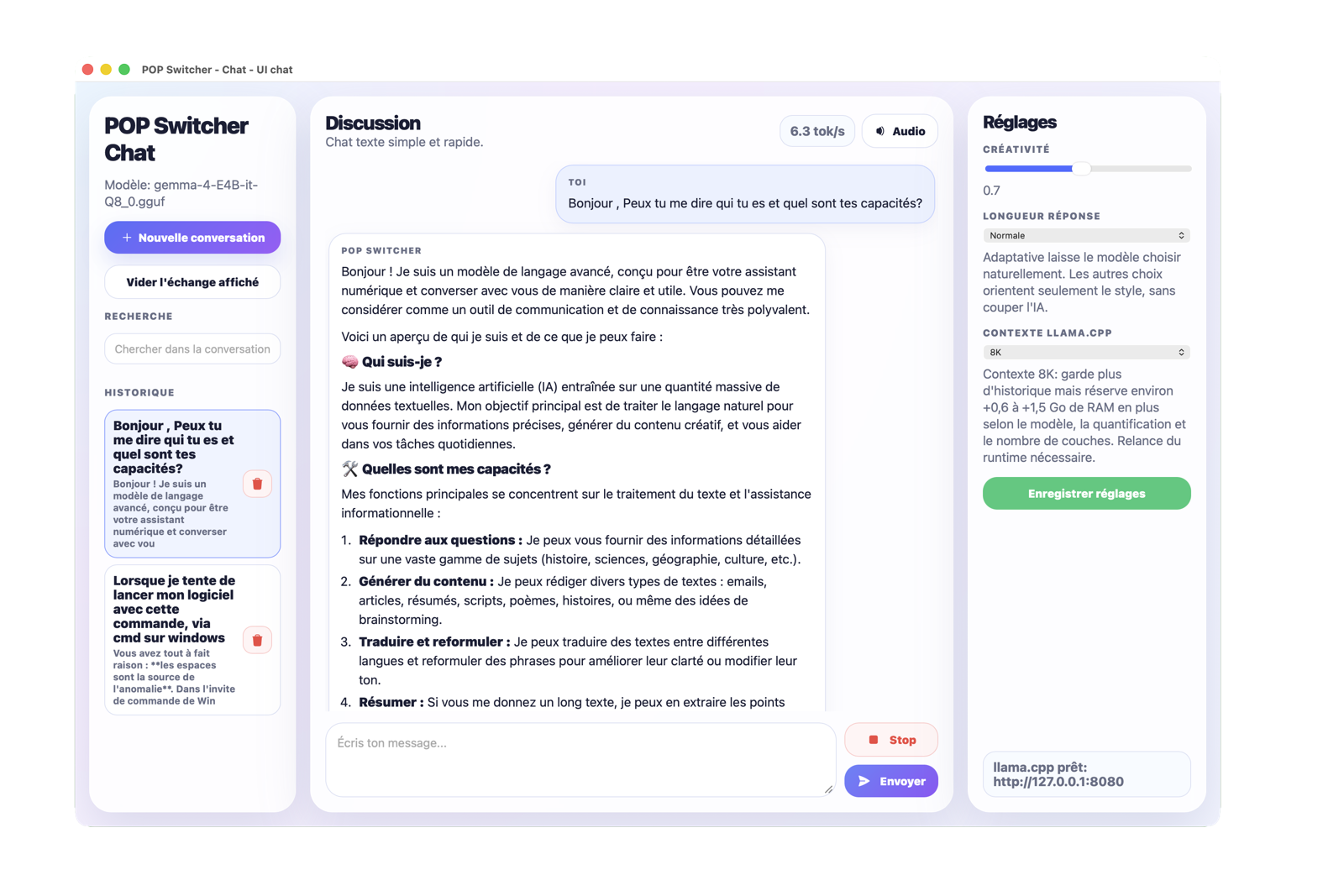 Interface de chat POP Switcher avec modèles locaux et conversation