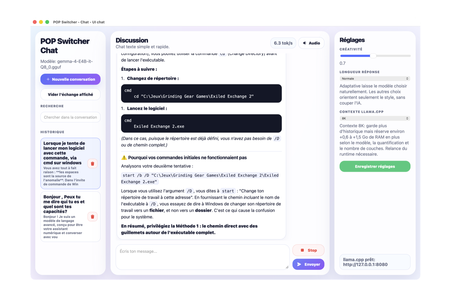 Deuxième interface de chat et vision POP Switcher