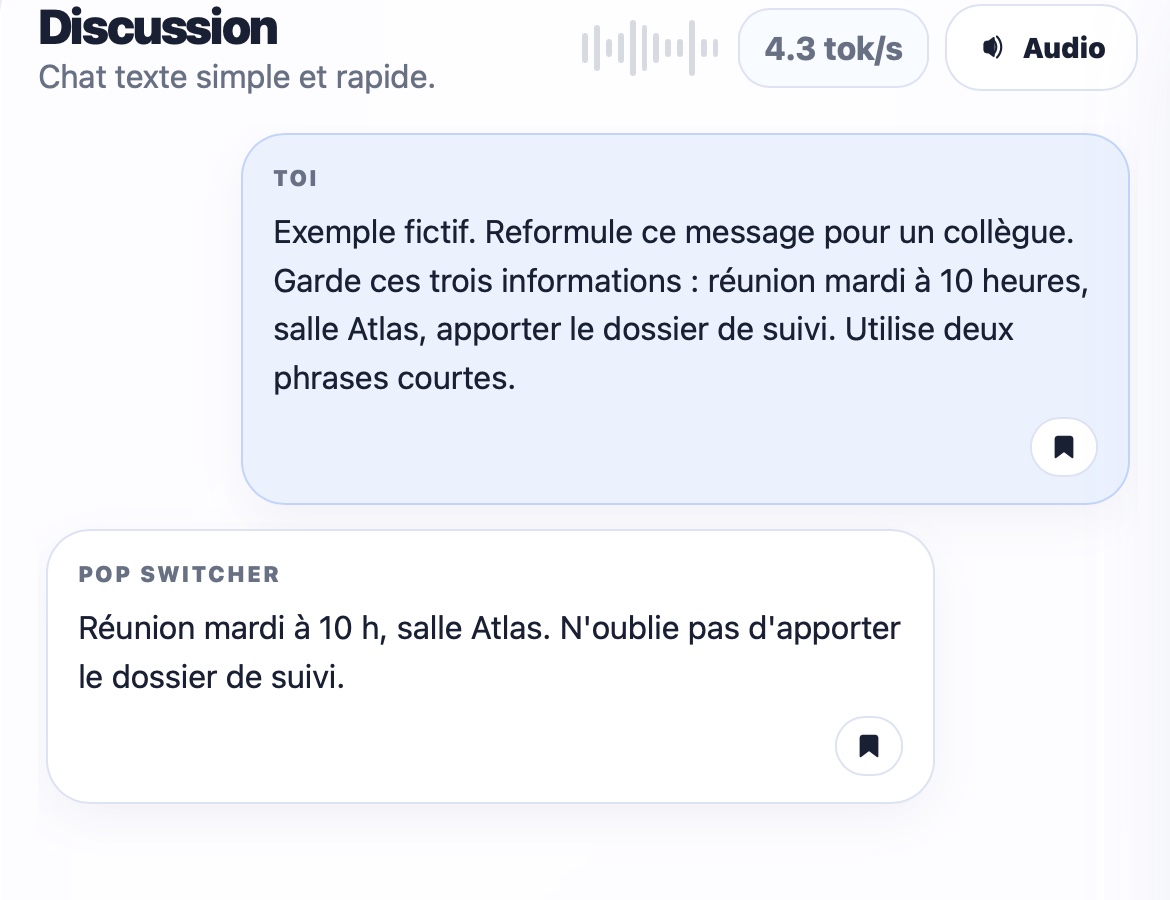 Exercice fictif dans Chat : reformuler un message en conservant le jour, l’heure et le lieu