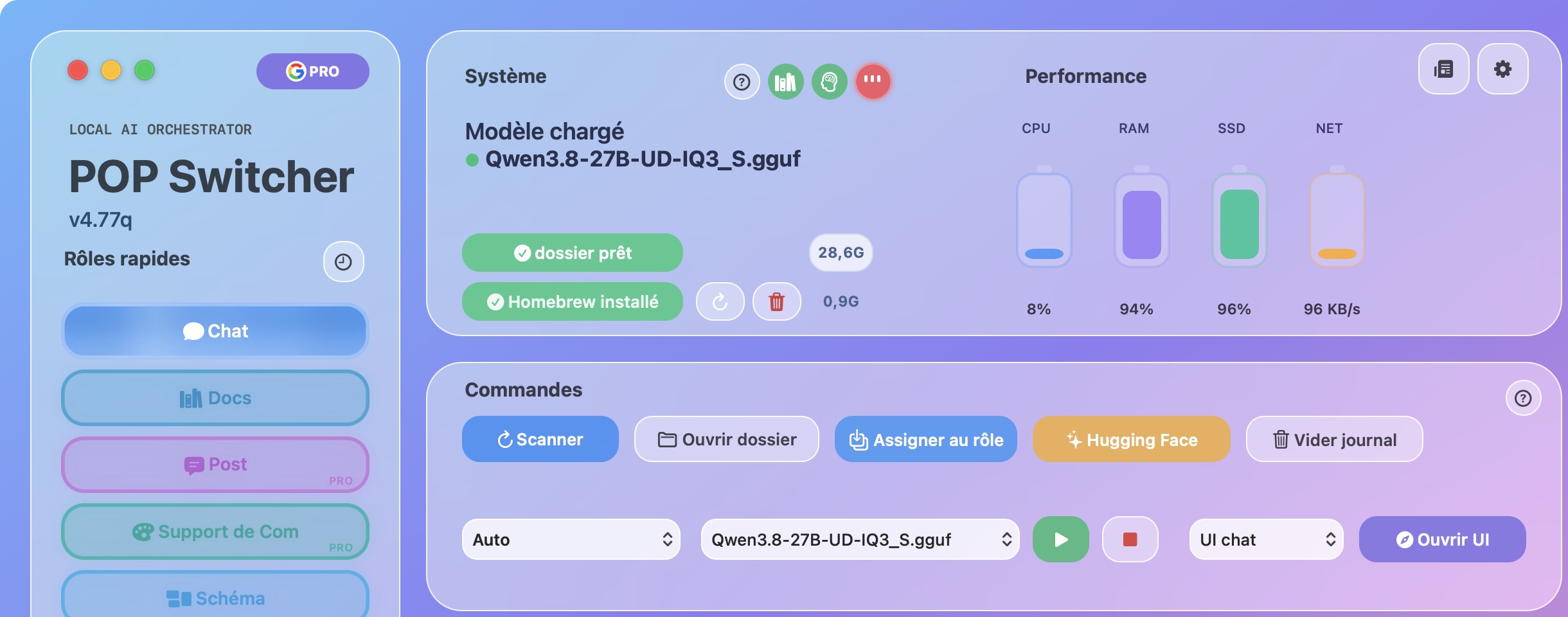 Fenêtre principale de POP : rôle Chat, modèle GGUF et commandes de lancement