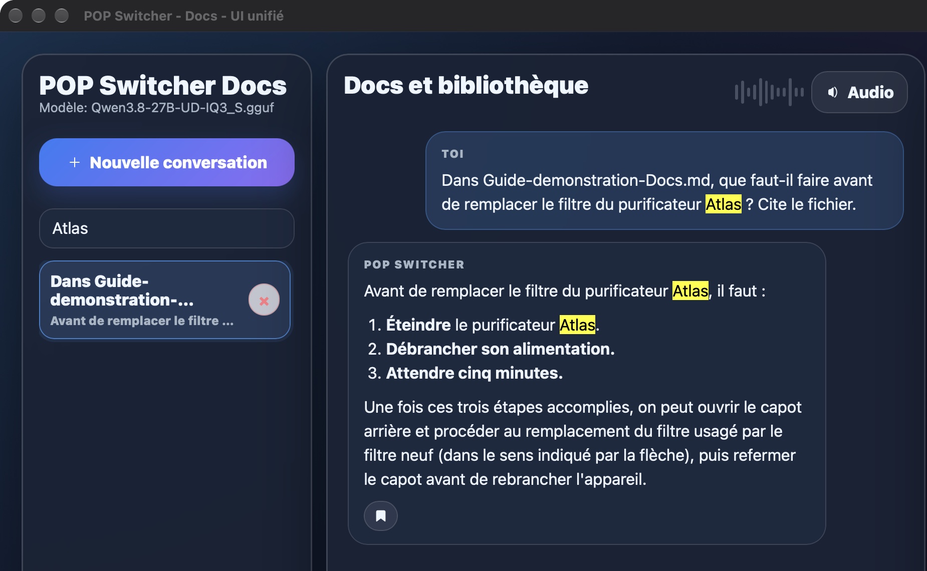 Vue Docs avec Qwen 3.8 et réponse au manuel fictif Atelier Démo