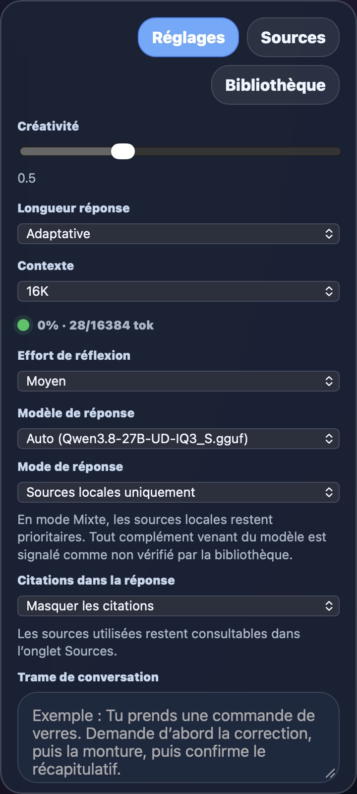 Créativité, longueur, contexte, effort, modèle de réponse, mode et citations de Docs