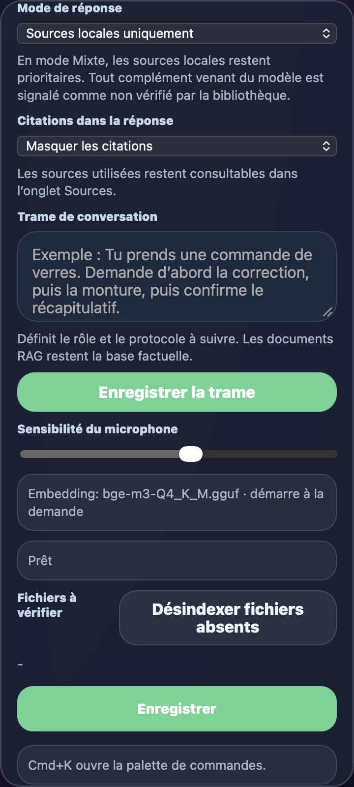 Trame de conversation, microphone, embedding et enregistrement des réglages Docs