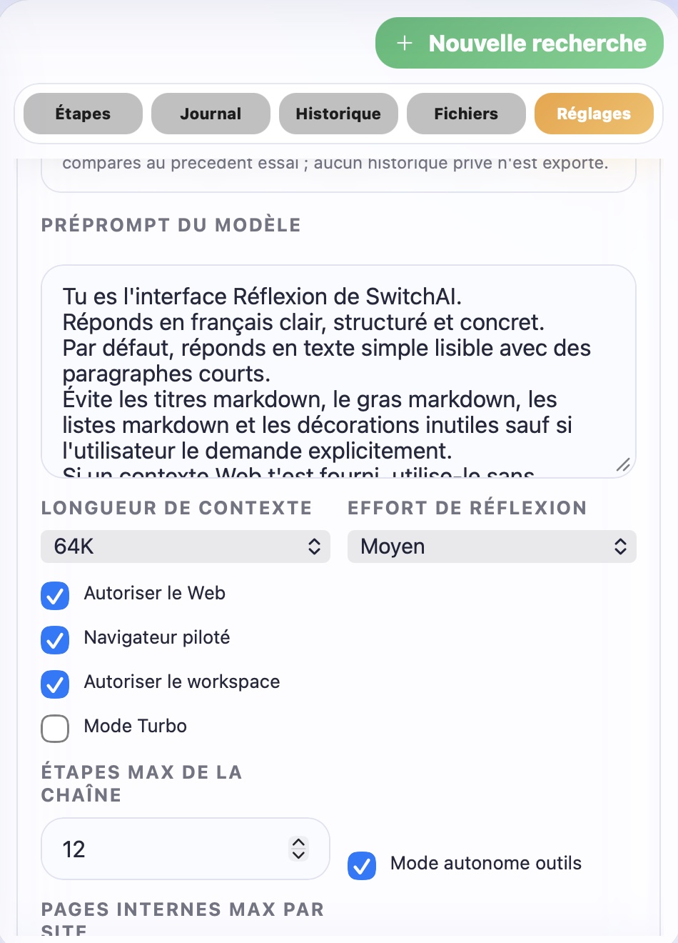 Préprompt, contexte, effort de réflexion et autorisations du rôle Réflexion