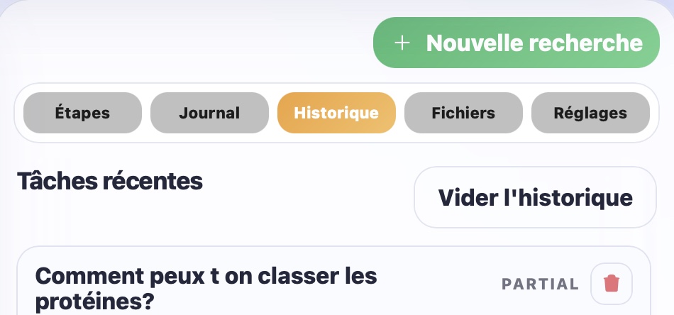 Historique de la recherche sur les protéines, affichée dans son état partiel