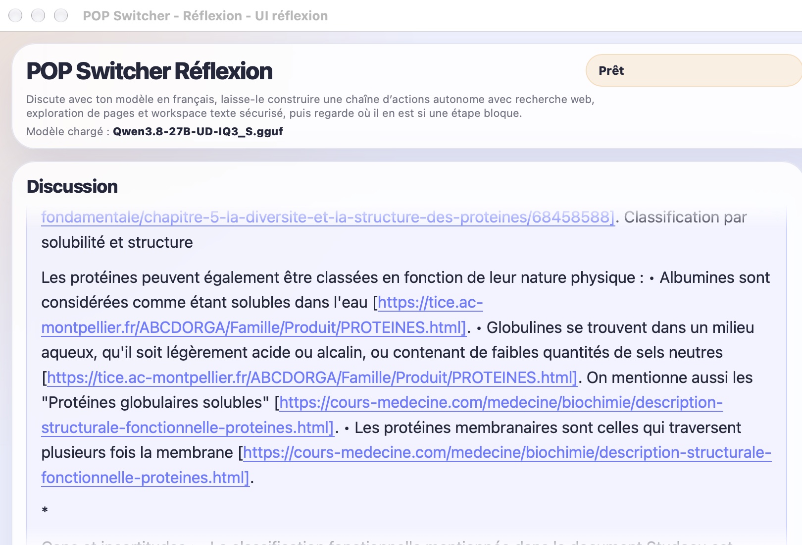 Réflexion avec Qwen 3.8 : extrait de la recherche sur le classement des protéines et liens vers ses références