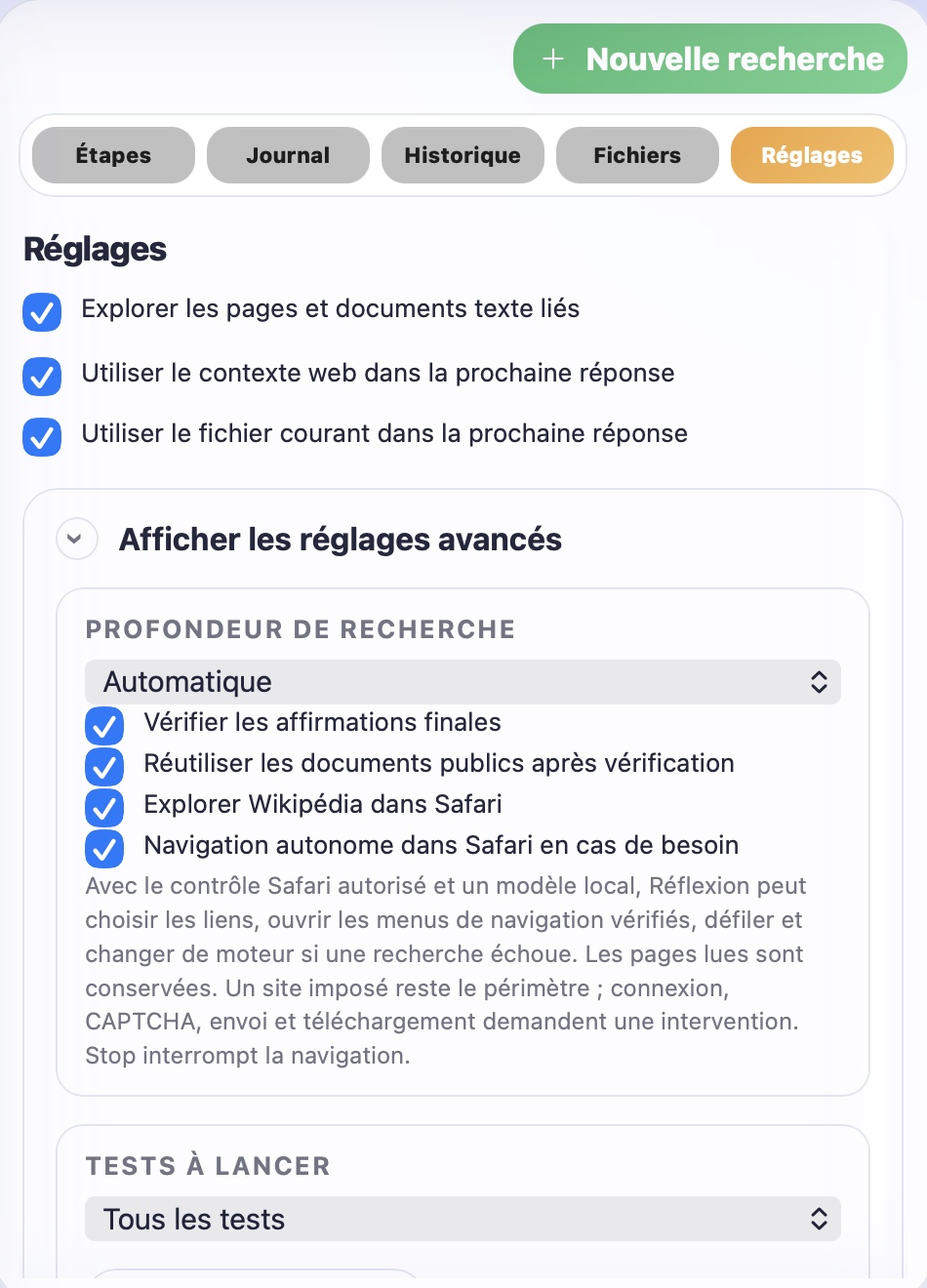 Réglages de Réflexion : contexte Web et fichier, profondeur, vérification et navigation