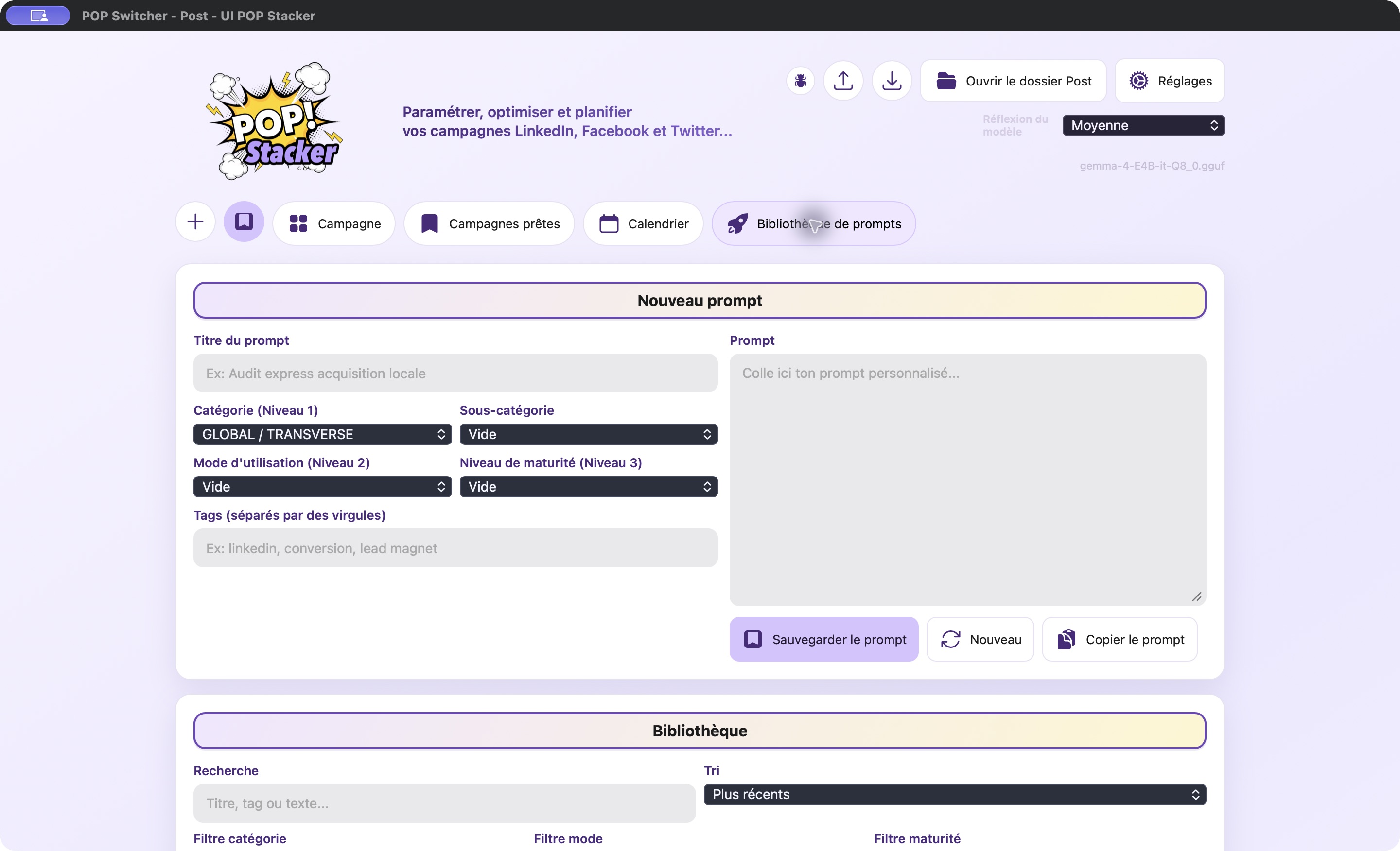 La bibliothèque de prompts du rôle POST, capturée dans POP Switcher. Le formulaire vide montre les champs de classement sans exposer une campagne existante.